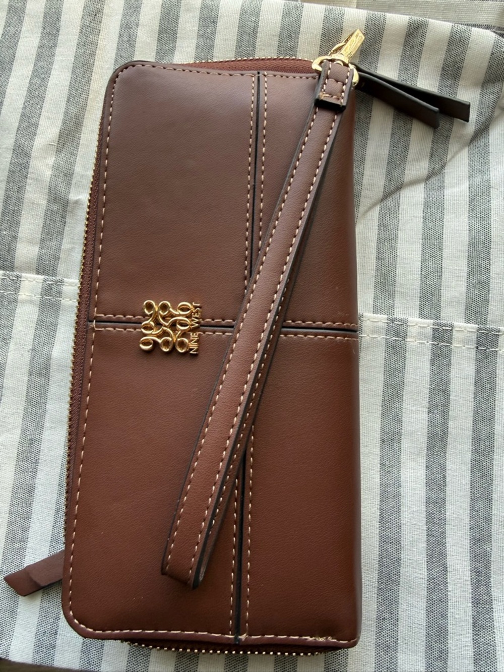 Nine West Brown Leather Wristlet Wallet with Gold Logo